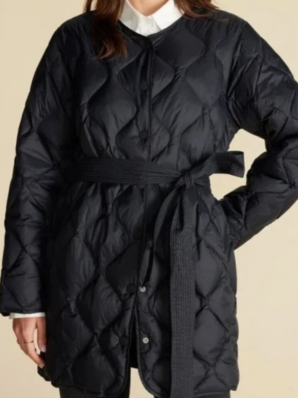 Amour Vert Solene Black Down Quilted Jacket Coat Small Belted Puffer Jacket